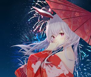 Preview wallpaper girl, kimono, umbrella, fireworks, anime