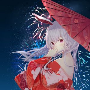 Preview wallpaper girl, kimono, umbrella, fireworks, anime