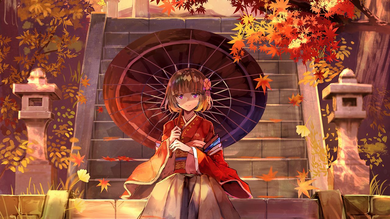 Wallpaper girl, kimono, umbrella, stairs, anime