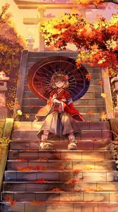 Preview wallpaper girl, kimono, umbrella, stairs, anime