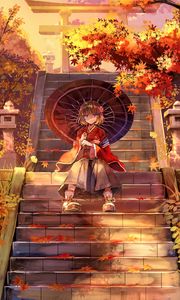 Preview wallpaper girl, kimono, umbrella, stairs, anime