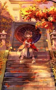 Preview wallpaper girl, kimono, umbrella, stairs, anime