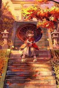 Preview wallpaper girl, kimono, umbrella, stairs, anime