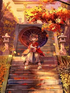 Preview wallpaper girl, kimono, umbrella, stairs, anime