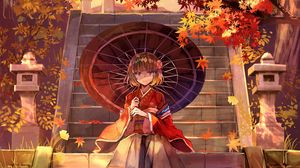 Preview wallpaper girl, kimono, umbrella, stairs, anime
