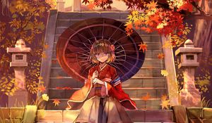 Preview wallpaper girl, kimono, umbrella, stairs, anime