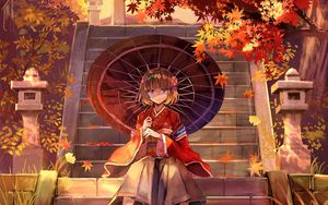 Preview wallpaper girl, kimono, umbrella, stairs, anime