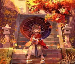 Preview wallpaper girl, kimono, umbrella, stairs, anime