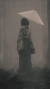 Preview wallpaper girl, kimono, umbrella, fog, art