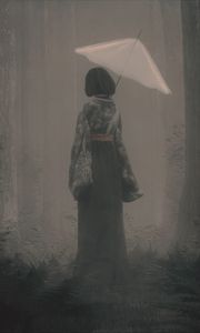 Preview wallpaper girl, kimono, umbrella, fog, art