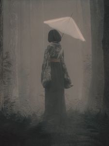 Preview wallpaper girl, kimono, umbrella, fog, art