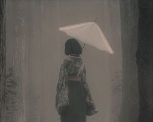 Preview wallpaper girl, kimono, umbrella, fog, art