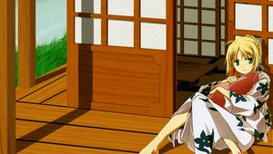 Preview wallpaper girl, kimono, veranda, toy, bear