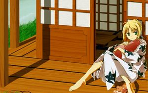 Preview wallpaper girl, kimono, veranda, toy, bear