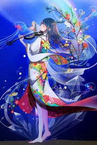 Preview wallpaper girl, kimono, violin, anime, art