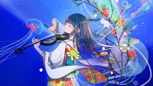 Preview wallpaper girl, kimono, violin, anime, art