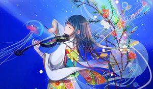 Preview wallpaper girl, kimono, violin, anime, art