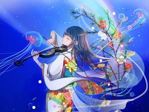 Preview wallpaper girl, kimono, violin, anime, art