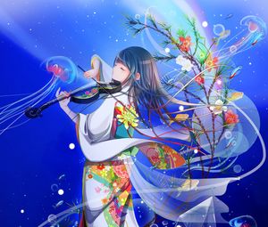 Preview wallpaper girl, kimono, violin, anime, art