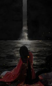 Preview wallpaper girl, kimono, waterfall, water, art, dark