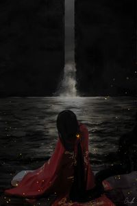 Preview wallpaper girl, kimono, waterfall, water, art, dark