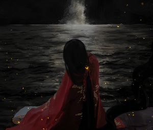 Preview wallpaper girl, kimono, waterfall, water, art, dark