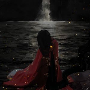 Preview wallpaper girl, kimono, waterfall, water, art, dark