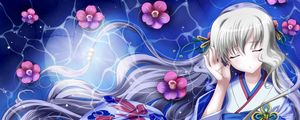 Preview wallpaper girl, kimono, wind, hair, space