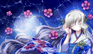 Preview wallpaper girl, kimono, wind, hair, space