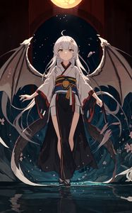 Preview wallpaper girl, kimono, wings, moon, anime