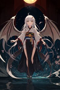 Preview wallpaper girl, kimono, wings, moon, anime