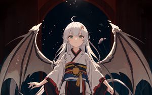 Preview wallpaper girl, kimono, wings, moon, anime