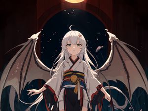 Preview wallpaper girl, kimono, wings, moon, anime