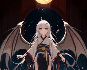 Preview wallpaper girl, kimono, wings, moon, anime