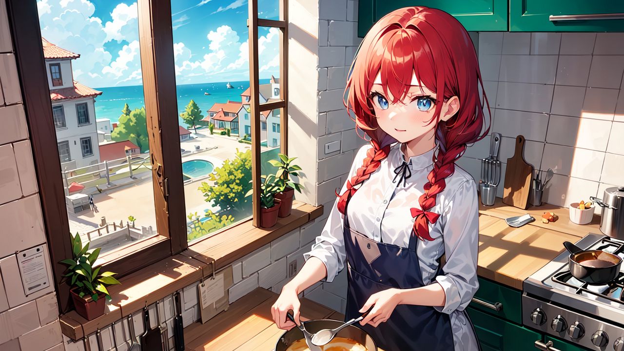 Wallpaper girl, kitchen, pie, window, anime, art