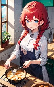 Preview wallpaper girl, kitchen, pie, window, anime, art