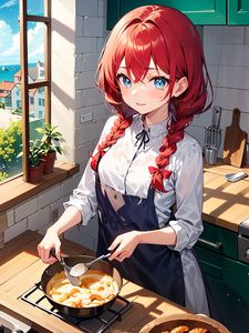 Preview wallpaper girl, kitchen, pie, window, anime, art