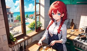 Preview wallpaper girl, kitchen, pie, window, anime, art