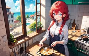 Preview wallpaper girl, kitchen, pie, window, anime, art