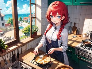 Preview wallpaper girl, kitchen, pie, window, anime, art