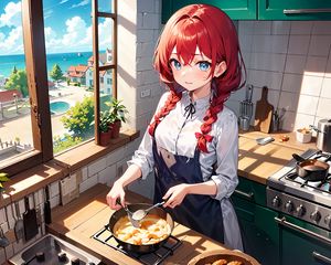 Preview wallpaper girl, kitchen, pie, window, anime, art