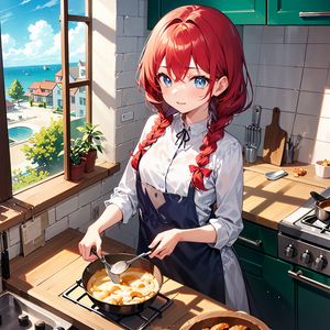 Preview wallpaper girl, kitchen, pie, window, anime, art