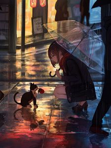 Preview wallpaper girl, kitten, flower, anime, street, rain