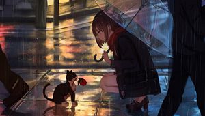 Preview wallpaper girl, kitten, flower, anime, street, rain