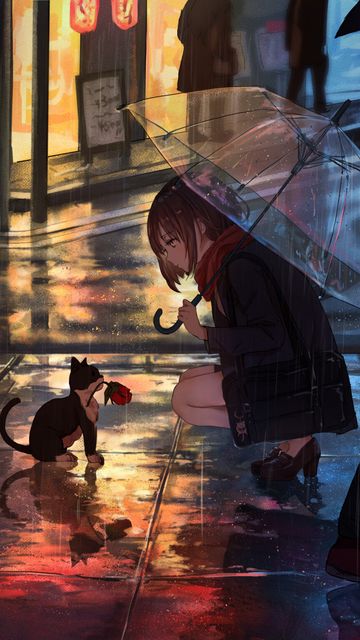 360x640 Wallpaper girl, kitten, flower, anime, street, rain
