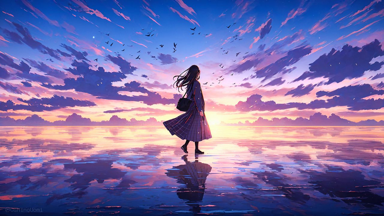 Wallpaper girl, lake, ice, sky, reflection, anime, art