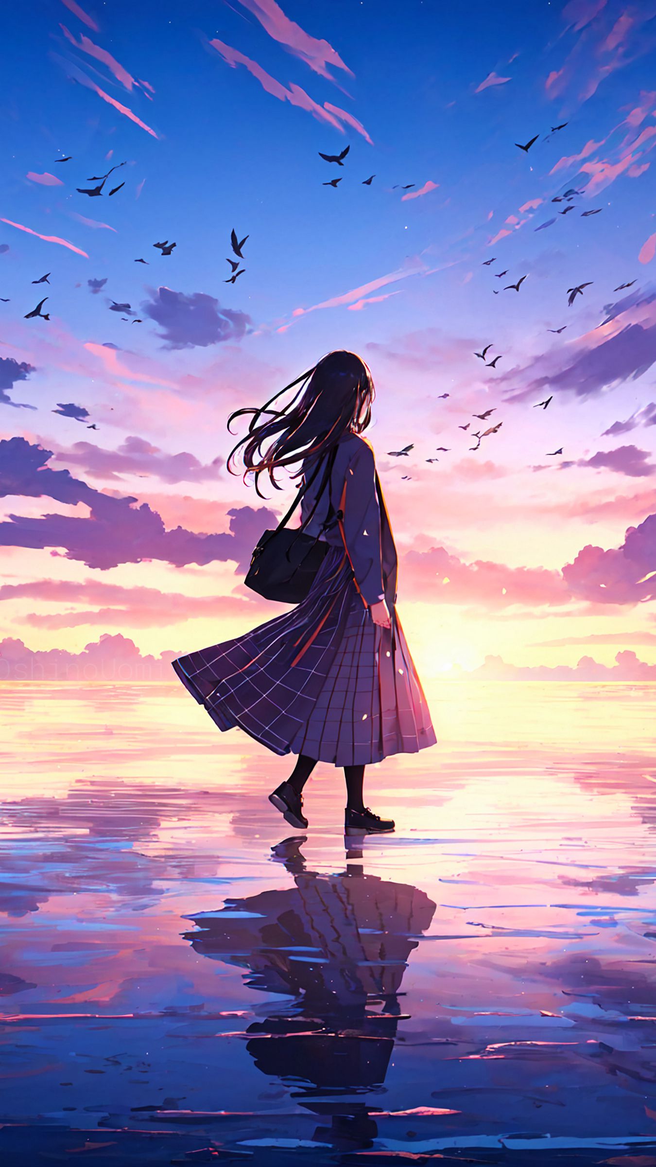 Download wallpaper 1350x2400 girl, lake, ice, sky, reflection, anime