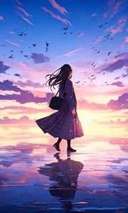 Preview wallpaper girl, lake, ice, sky, reflection, anime, art