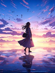 Preview wallpaper girl, lake, ice, sky, reflection, anime, art