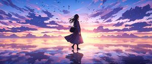 Preview wallpaper girl, lake, ice, sky, reflection, anime, art